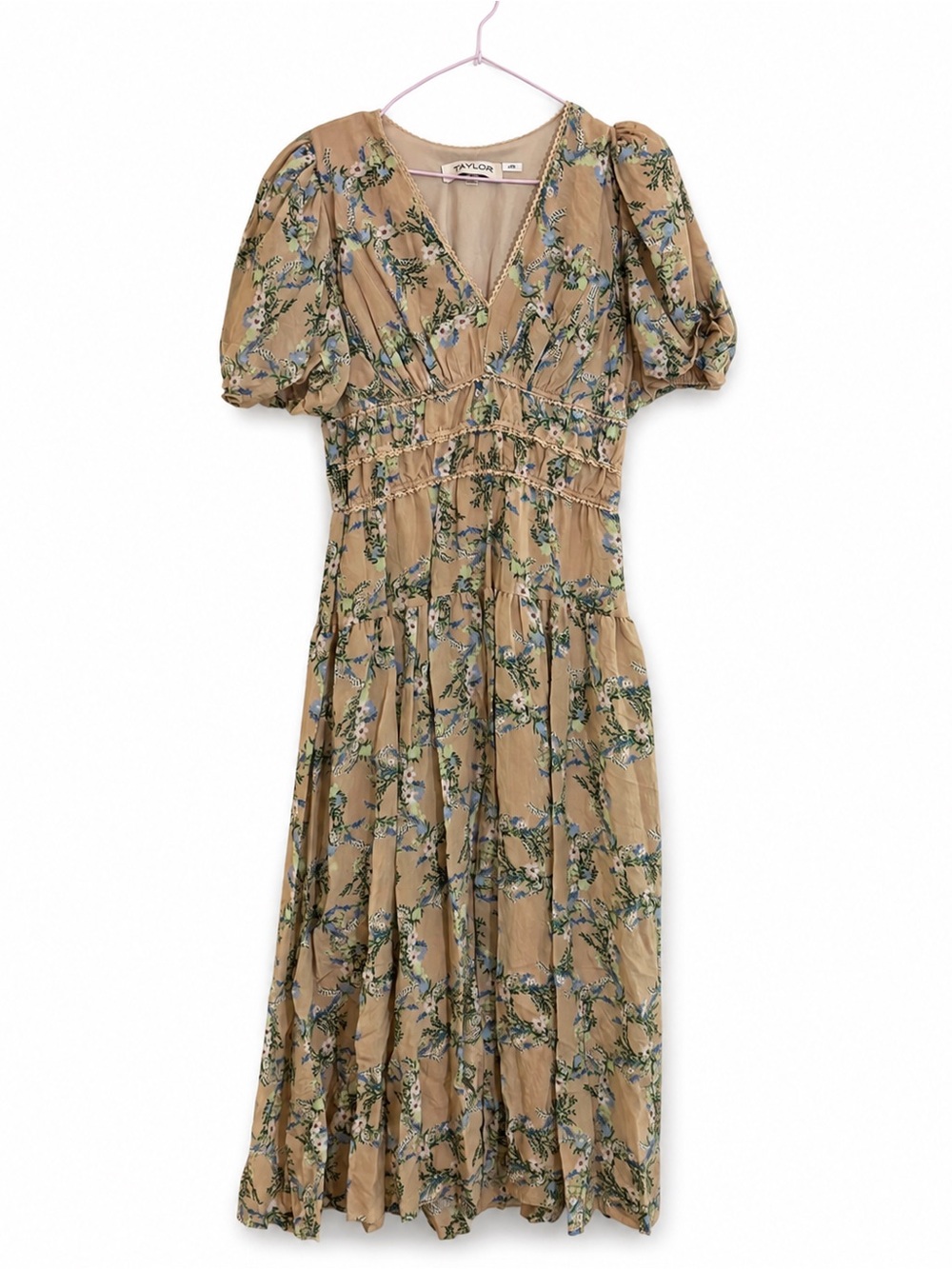 Taylor Tan Floral Maxi Dress with Puff Sleeves